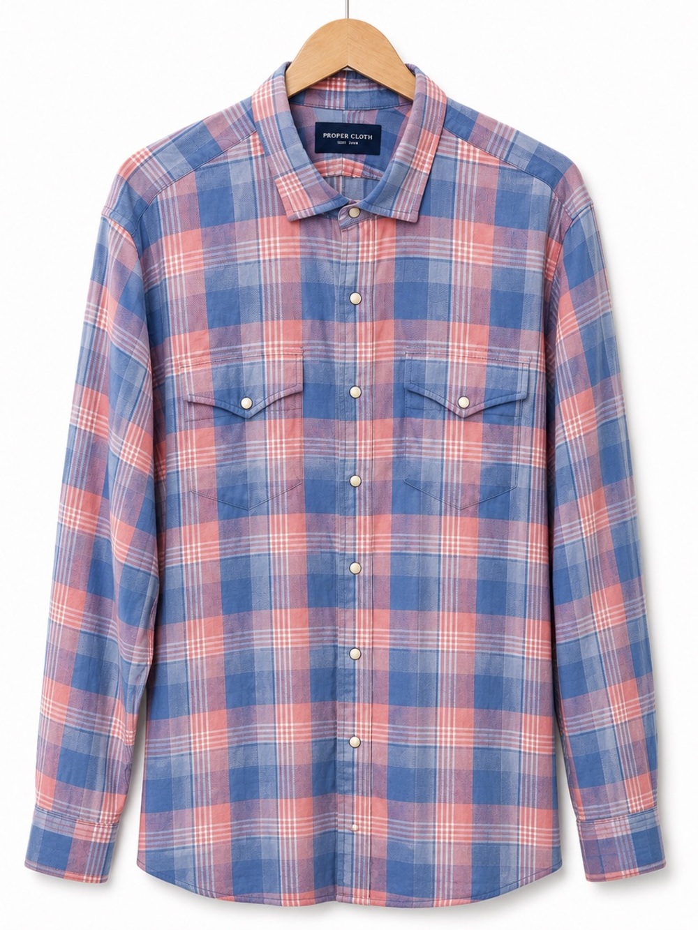 Proper Cloth Custom Plaid Pearl Snap Western Shirt Blue Pink 100% Cotton Men XL